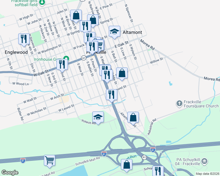 map of restaurants, bars, coffee shops, grocery stores, and more near 321 South Lehigh Avenue in Frackville