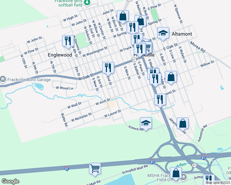 map of restaurants, bars, coffee shops, grocery stores, and more near 241 South 2nd Street in Frackville