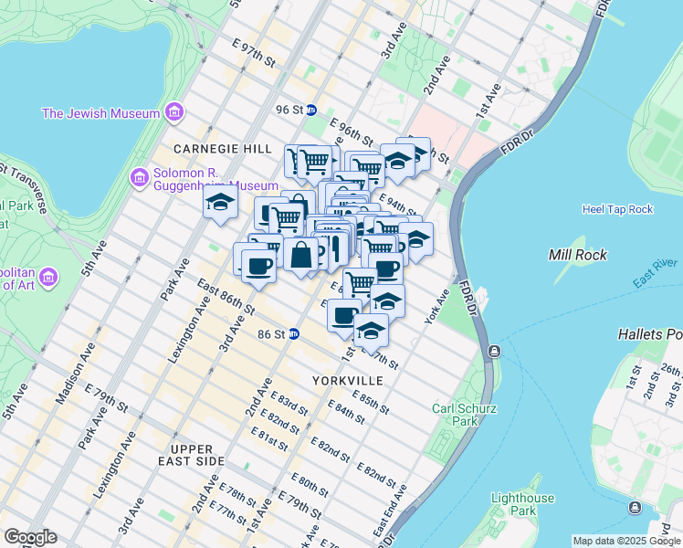 map of restaurants, bars, coffee shops, grocery stores, and more near 302 East 90th Street in New York