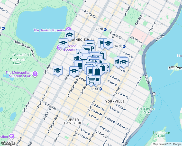 map of restaurants, bars, coffee shops, grocery stores, and more near 1560 3rd Avenue in New York