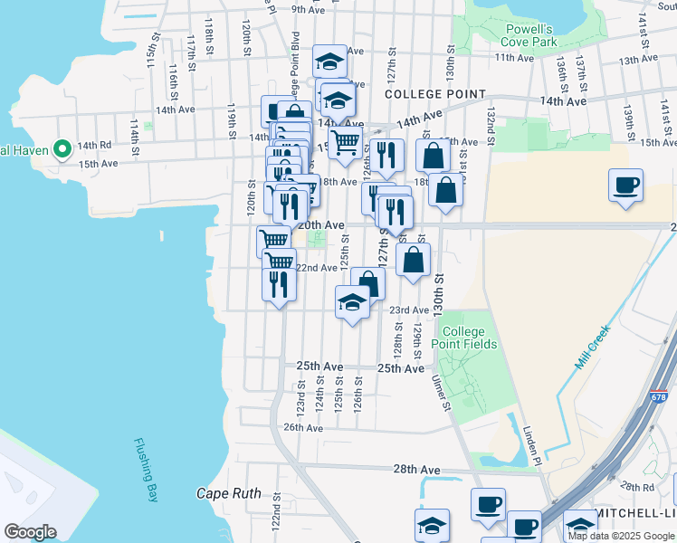 map of restaurants, bars, coffee shops, grocery stores, and more near 20-40 125th Street in Queens