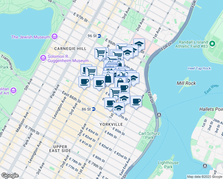 map of restaurants, bars, coffee shops, grocery stores, and more near 310 East 90th Street in New York
