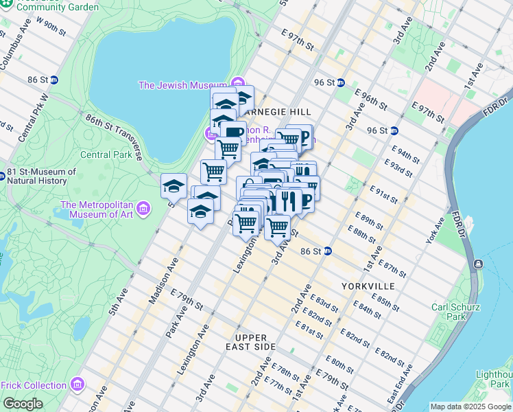 map of restaurants, bars, coffee shops, grocery stores, and more near 115 East 86th Street in New York