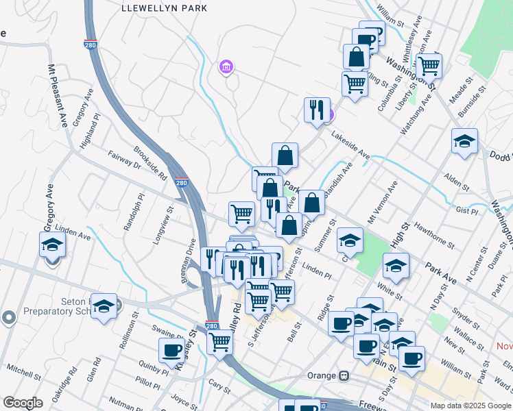 map of restaurants, bars, coffee shops, grocery stores, and more near 2 Llewellyn Place in West Orange