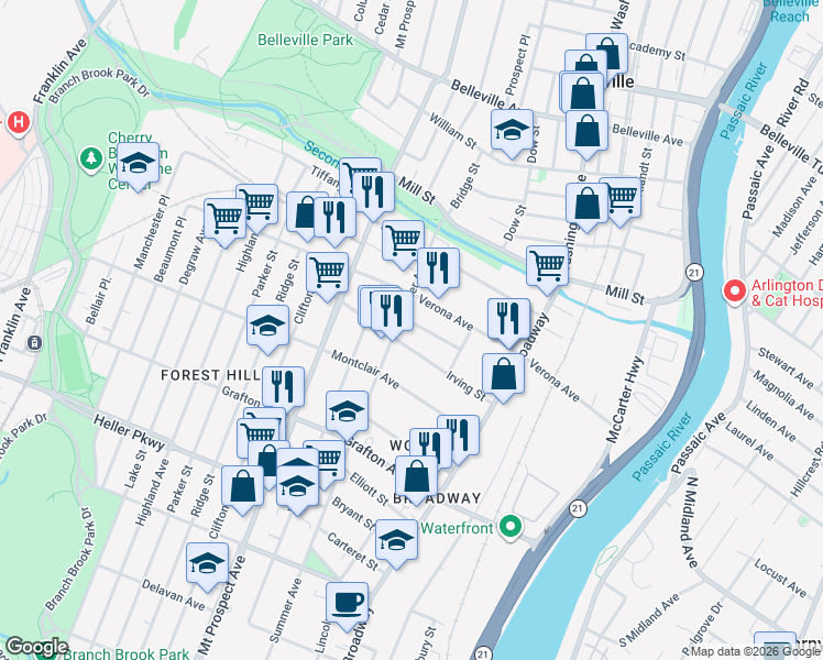 map of restaurants, bars, coffee shops, grocery stores, and more near 87 Winthrop Street in Newark