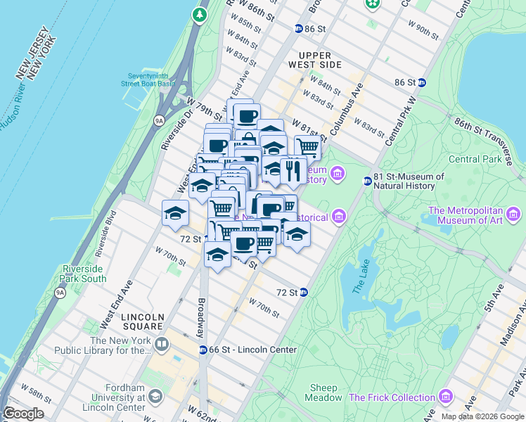 map of restaurants, bars, coffee shops, grocery stores, and more near 141 West 77th Street in New York