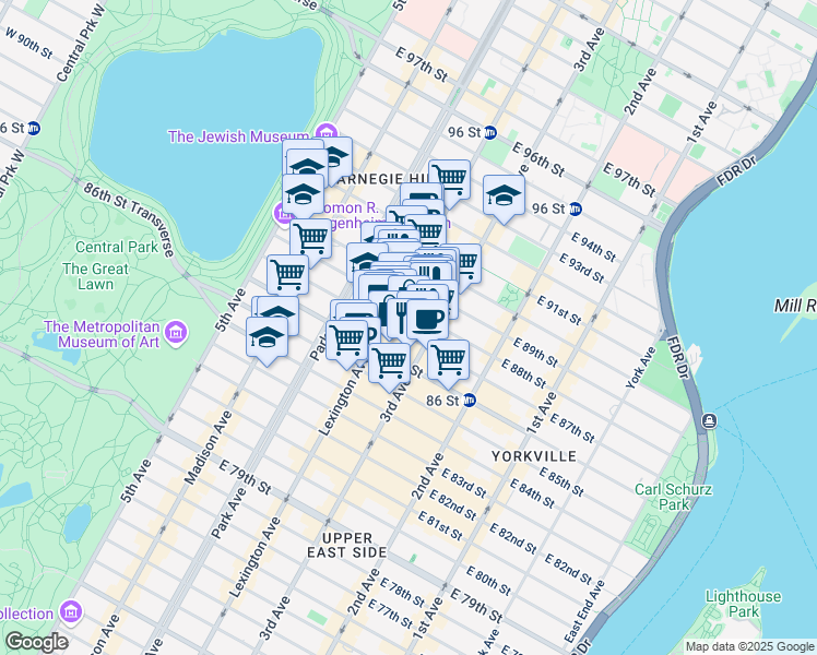map of restaurants, bars, coffee shops, grocery stores, and more near 169 East 87th Street in New York