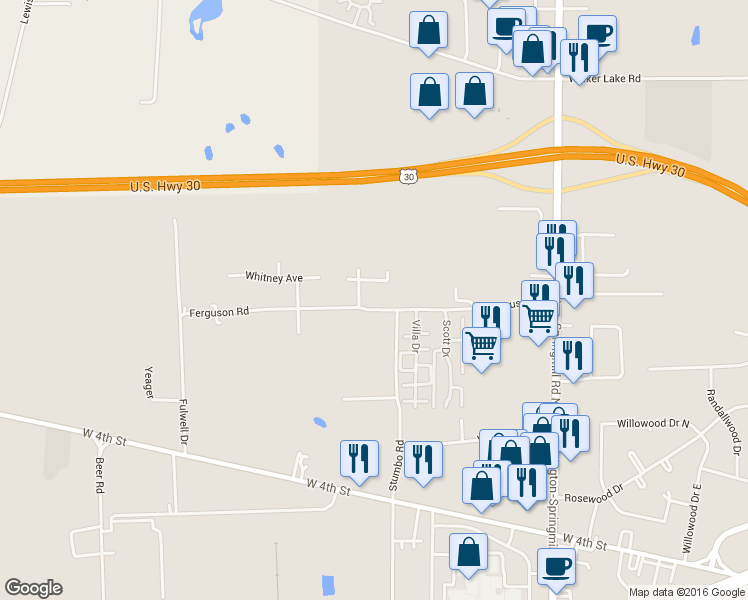 map of restaurants, bars, coffee shops, grocery stores, and more near 2338 Ferguson Rd in Ontario