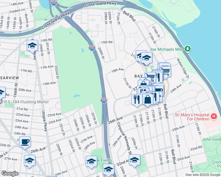 map of restaurants, bars, coffee shops, grocery stores, and more near 18-24A Corporal Kennedy Street in Queens