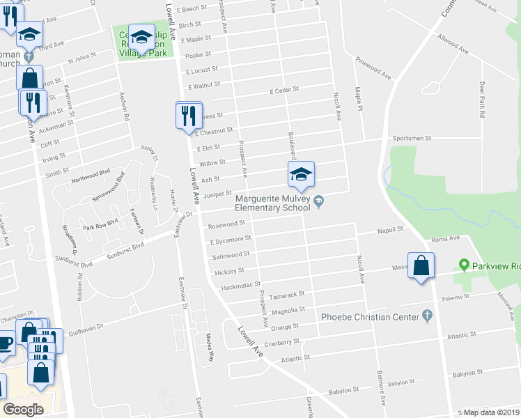 map of restaurants, bars, coffee shops, grocery stores, and more near 24 East Cherry Street in Central Islip