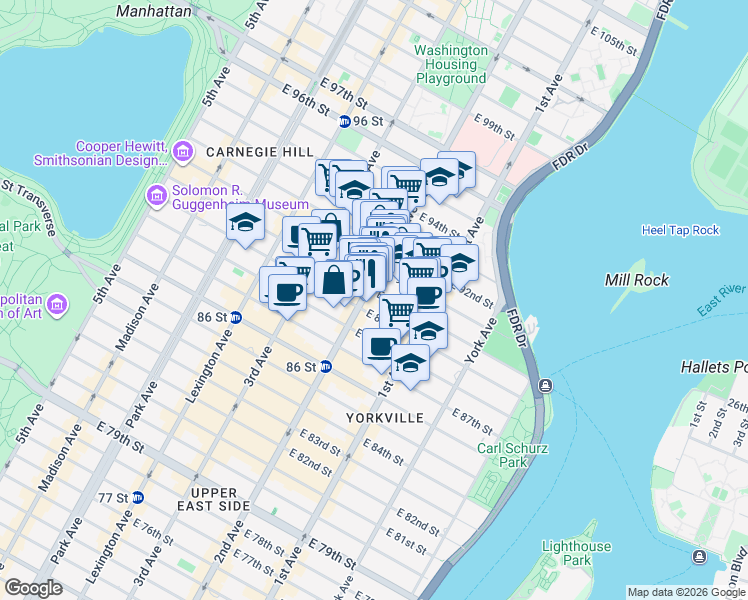 map of restaurants, bars, coffee shops, grocery stores, and more near in New York