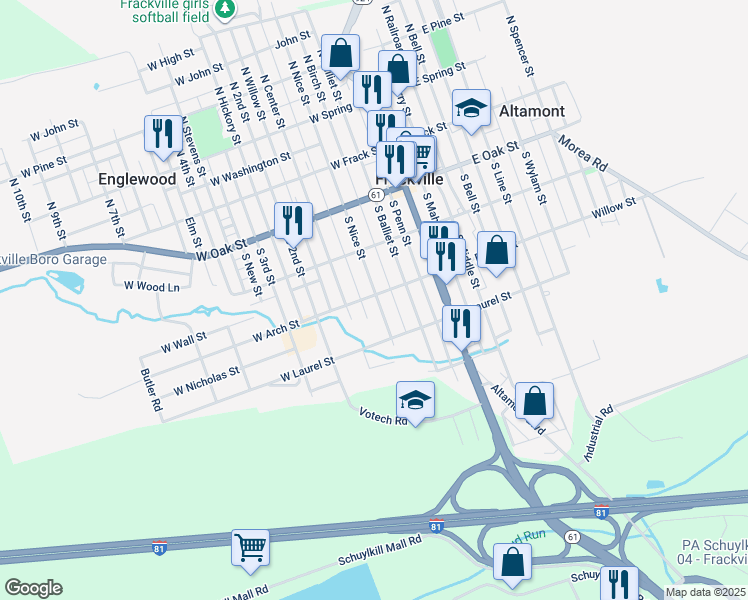 map of restaurants, bars, coffee shops, grocery stores, and more near 302 South Nice Street in Frackville
