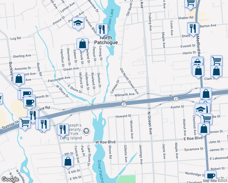 map of restaurants, bars, coffee shops, grocery stores, and more near 41 Oakleigh Street in Patchogue