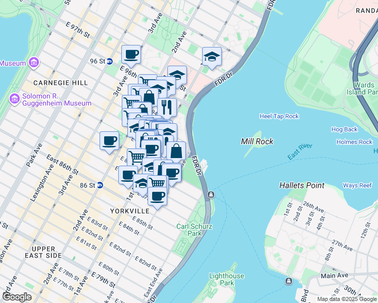 map of restaurants, bars, coffee shops, grocery stores, and more near 1774 York Avenue in New York
