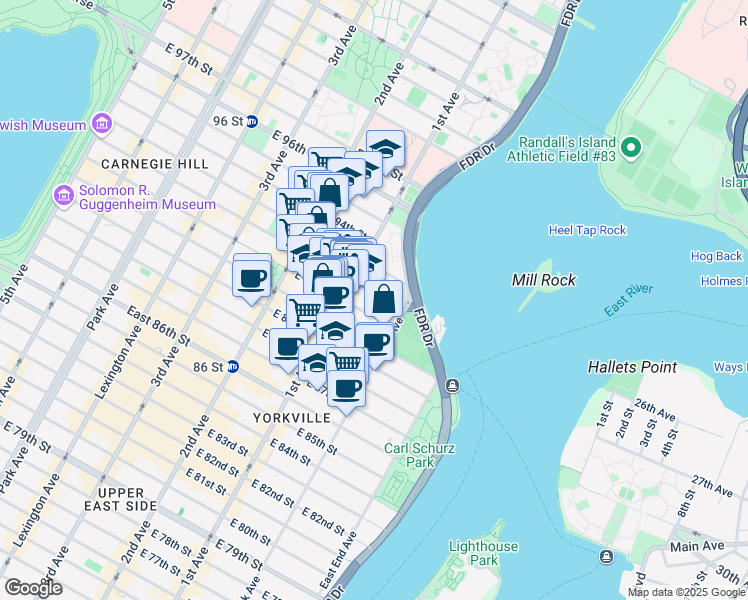map of restaurants, bars, coffee shops, grocery stores, and more near 424 East 92nd Street in New York