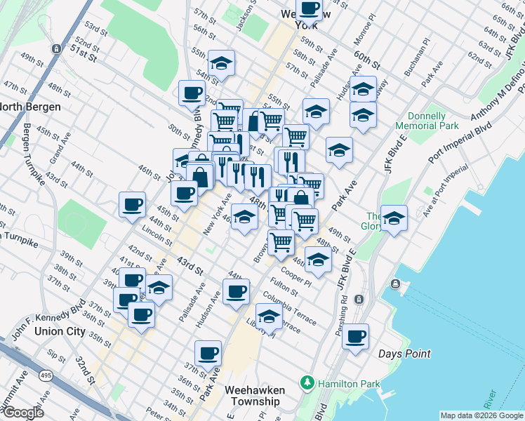 map of restaurants, bars, coffee shops, grocery stores, and more near 211 48th Street in Union City