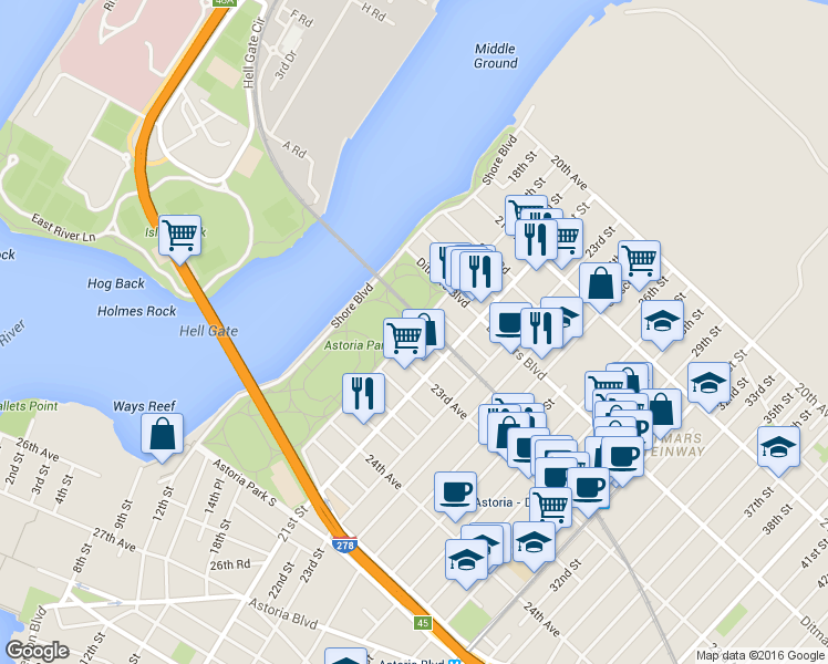 map of restaurants, bars, coffee shops, grocery stores, and more near 22-58 19th St in Queens
