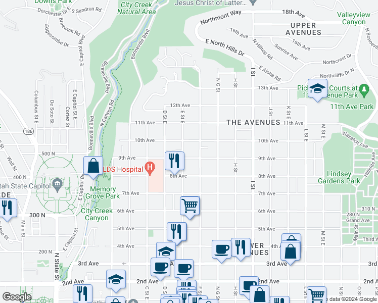 map of restaurants, bars, coffee shops, grocery stores, and more near 462 E Street East in Salt Lake City
