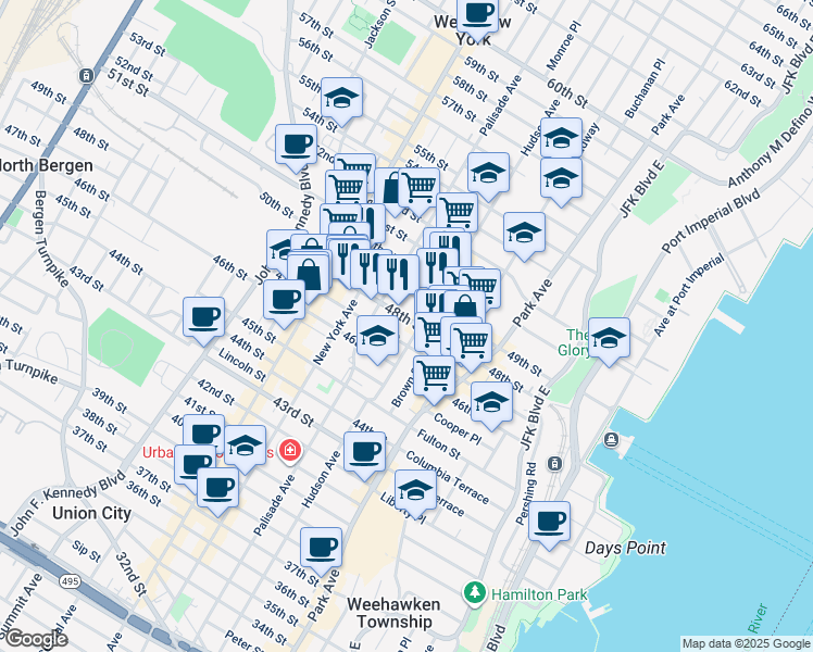map of restaurants, bars, coffee shops, grocery stores, and more near 218 48th Street in Union City