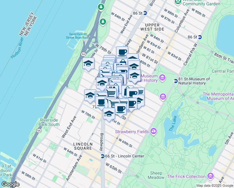 map of restaurants, bars, coffee shops, grocery stores, and more near in New York