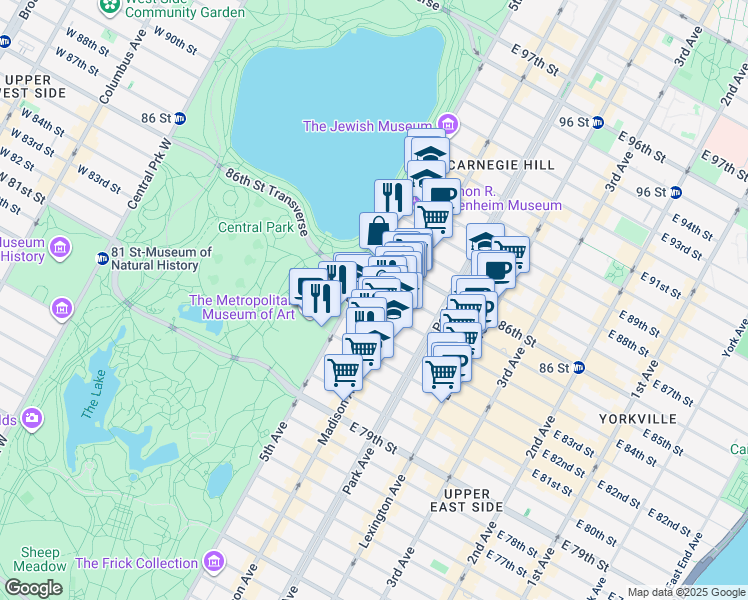 map of restaurants, bars, coffee shops, grocery stores, and more near 1035 Museum Mile in New York