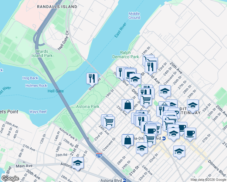 map of restaurants, bars, coffee shops, grocery stores, and more near 22-29 19th Street in Queens