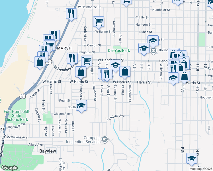 map of restaurants, bars, coffee shops, grocery stores, and more near 3120 Union Street in Eureka