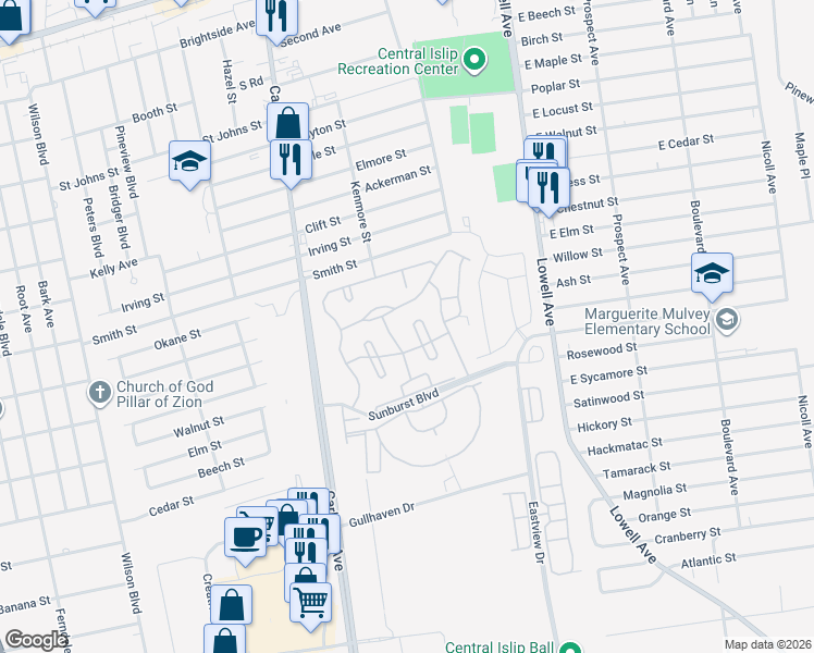 map of restaurants, bars, coffee shops, grocery stores, and more near 11 Summerfield Circle in Central Islip