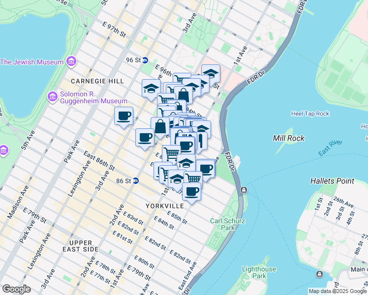 map of restaurants, bars, coffee shops, grocery stores, and more near 354 East 91st Street in New York