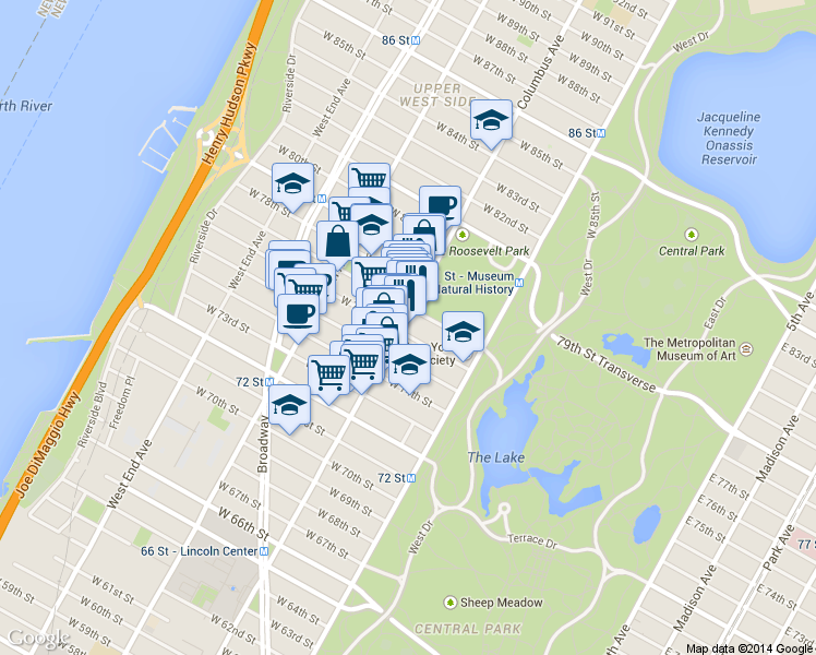 map of restaurants, bars, coffee shops, grocery stores, and more near 59 W 76th St in New York