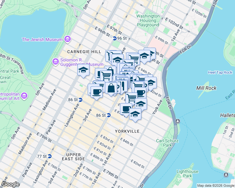 map of restaurants, bars, coffee shops, grocery stores, and more near 1718 2nd Avenue in New York