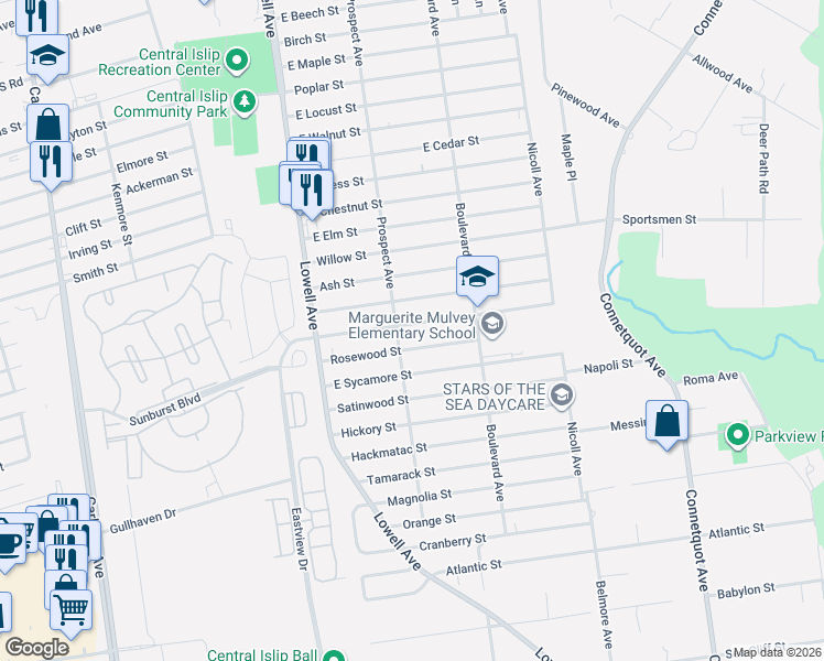 map of restaurants, bars, coffee shops, grocery stores, and more near 24 East Cherry Street in Central Islip