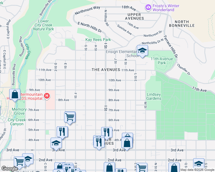 map of restaurants, bars, coffee shops, grocery stores, and more near 606 10th Avenue in Salt Lake City