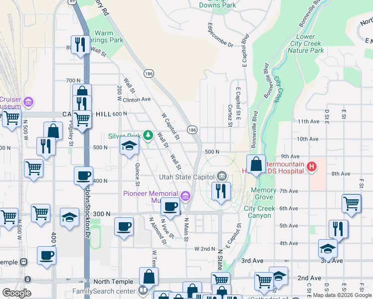 map of restaurants, bars, coffee shops, grocery stores, and more near in Salt Lake City
