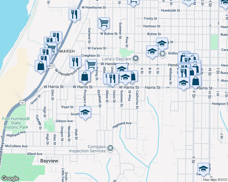 map of restaurants, bars, coffee shops, grocery stores, and more near 312 West Harris Street in Eureka