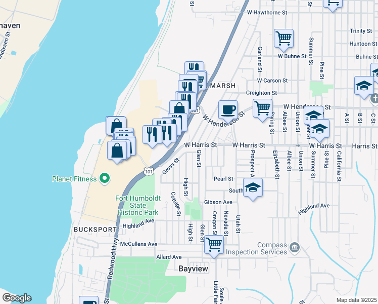 map of restaurants, bars, coffee shops, grocery stores, and more near 1200 W Harris St in Eureka