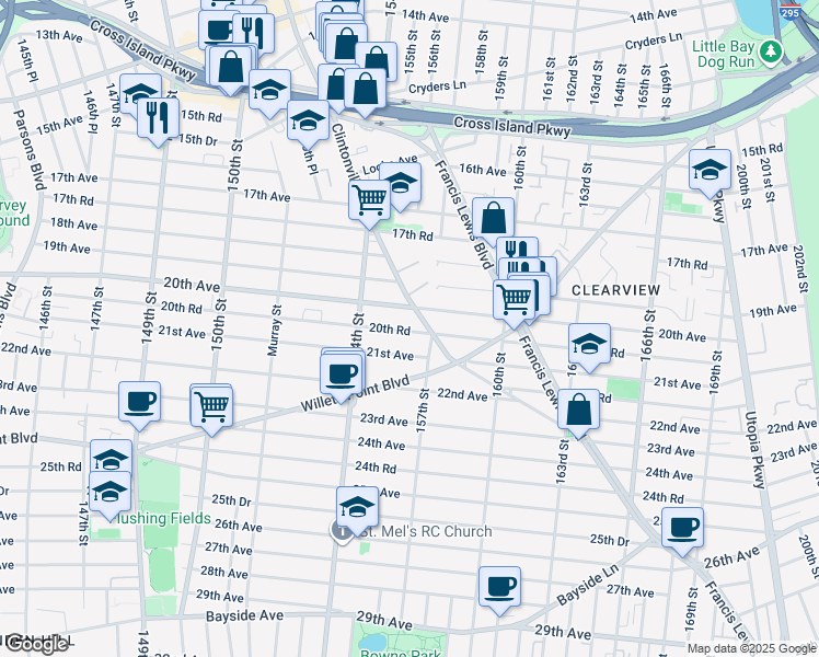 map of restaurants, bars, coffee shops, grocery stores, and more near 154-32 20th Avenue in Queens