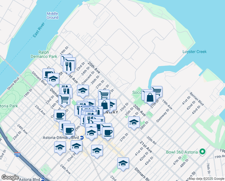 map of restaurants, bars, coffee shops, grocery stores, and more near 20-09 28th Street in Queens