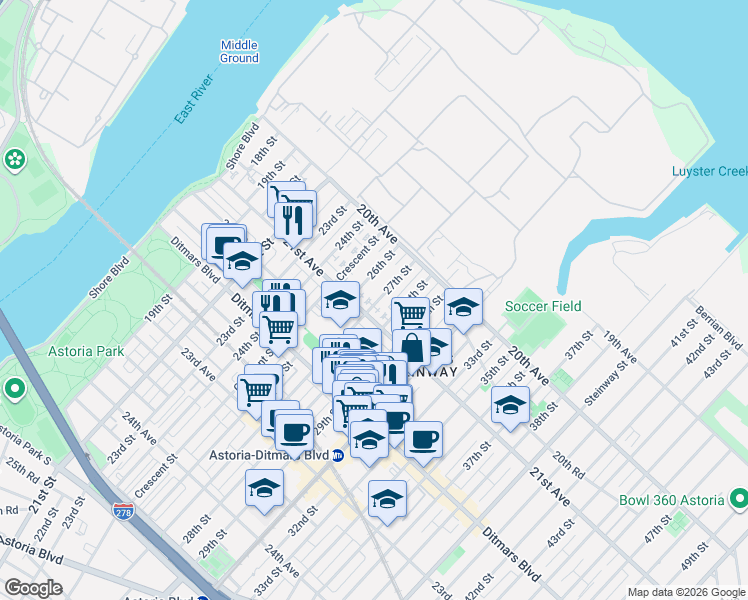map of restaurants, bars, coffee shops, grocery stores, and more near 20-68 26th Street in Queens