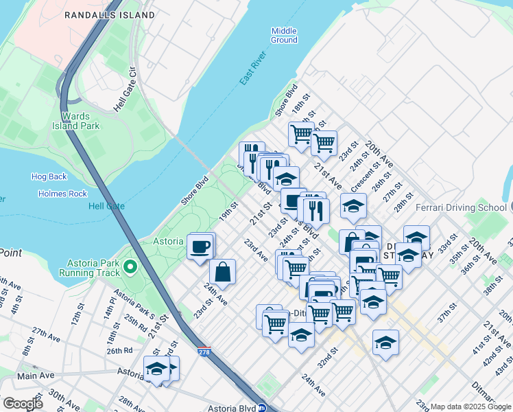 map of restaurants, bars, coffee shops, grocery stores, and more near 22-29 19th Street in Queens