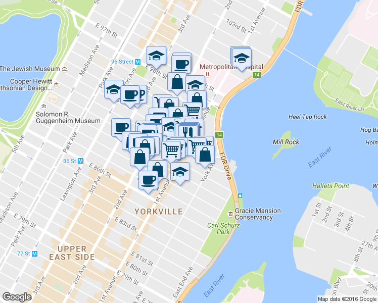 map of restaurants, bars, coffee shops, grocery stores, and more near in New York