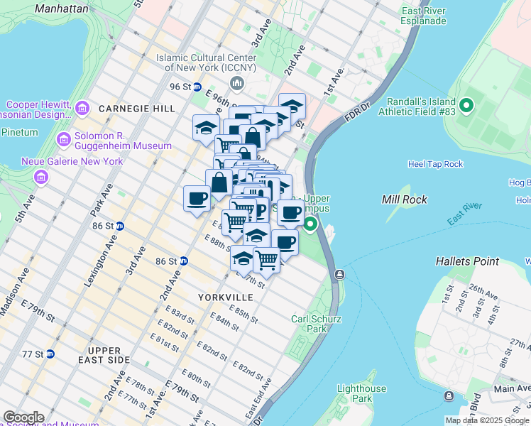 map of restaurants, bars, coffee shops, grocery stores, and more near 333 East 91st Street in New York