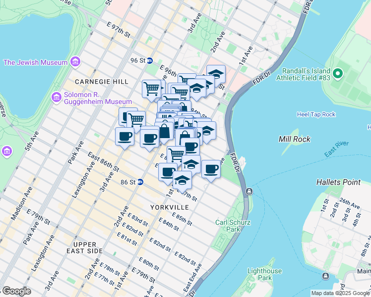 map of restaurants, bars, coffee shops, grocery stores, and more near 316 East 91st Street in New York