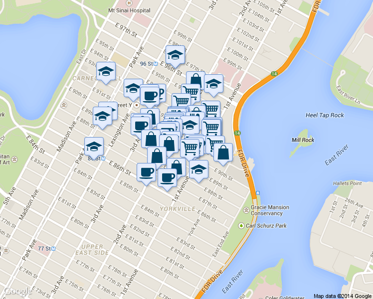 map of restaurants, bars, coffee shops, grocery stores, and more near 316 East 91st Street in New York