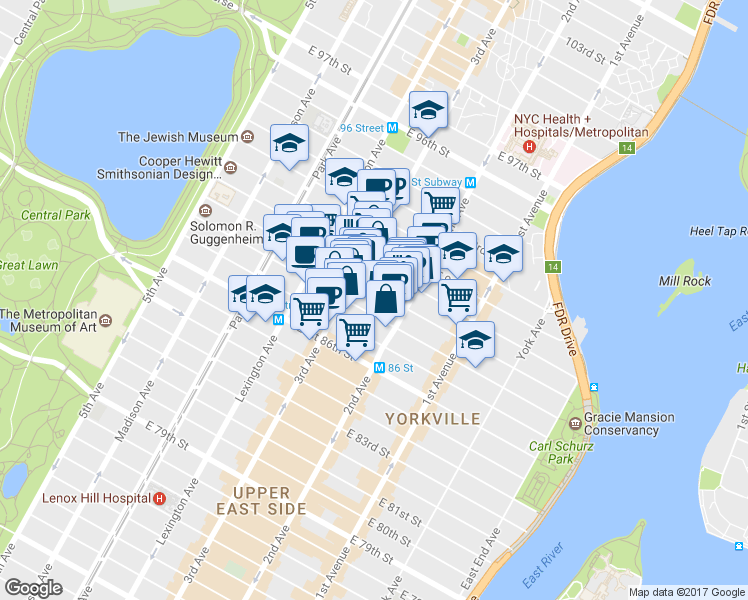 map of restaurants, bars, coffee shops, grocery stores, and more near 232 East 90th Street in New York