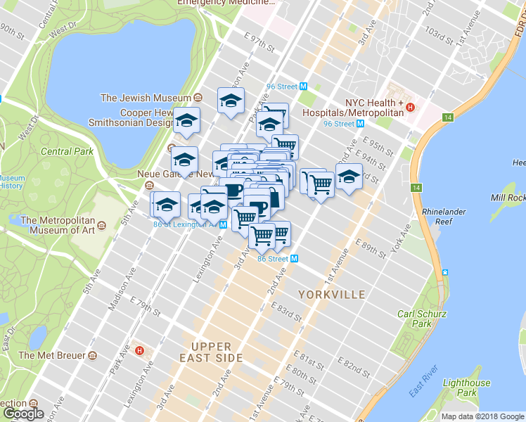 map of restaurants, bars, coffee shops, grocery stores, and more near 1574 3rd Avenue in New York