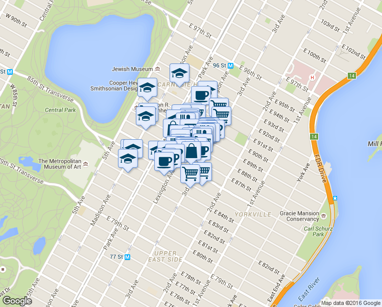 map of restaurants, bars, coffee shops, grocery stores, and more near in New York