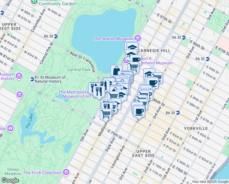 map of restaurants, bars, coffee shops, grocery stores, and more near 1035 Museum Mile in New York