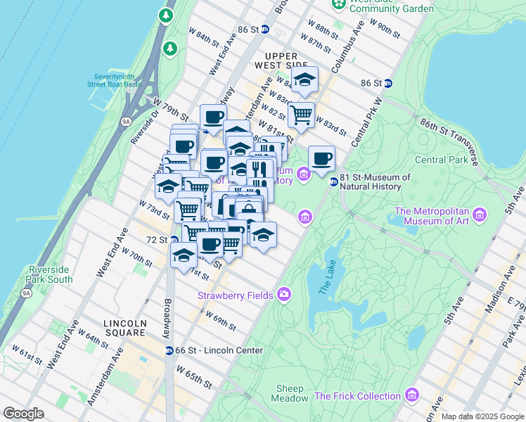 map of restaurants, bars, coffee shops, grocery stores, and more near 149 West 76th Street in New York