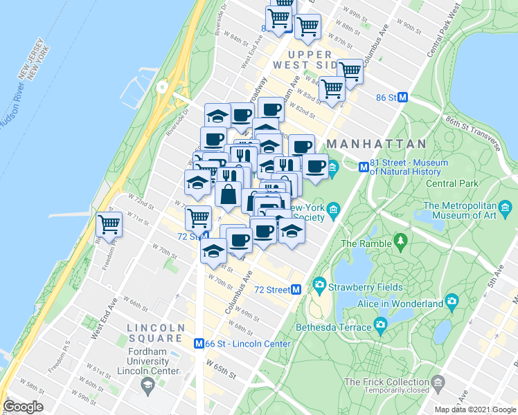 map of restaurants, bars, coffee shops, grocery stores, and more near 141 West 77th Street in New York